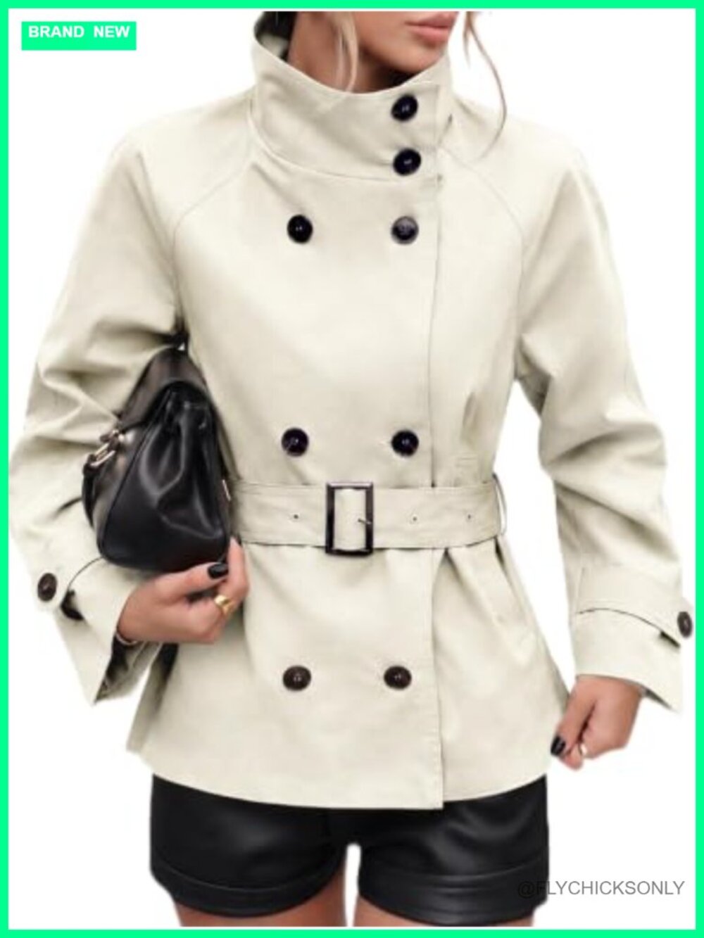 Women's Cropped Trench Coat Funnel Neck Belted Fall Jacket